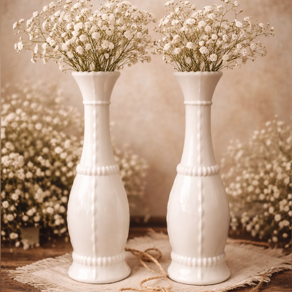 Milk Glass‎ Vases Vintage White Vertical Lines Bar Pattern Set 2